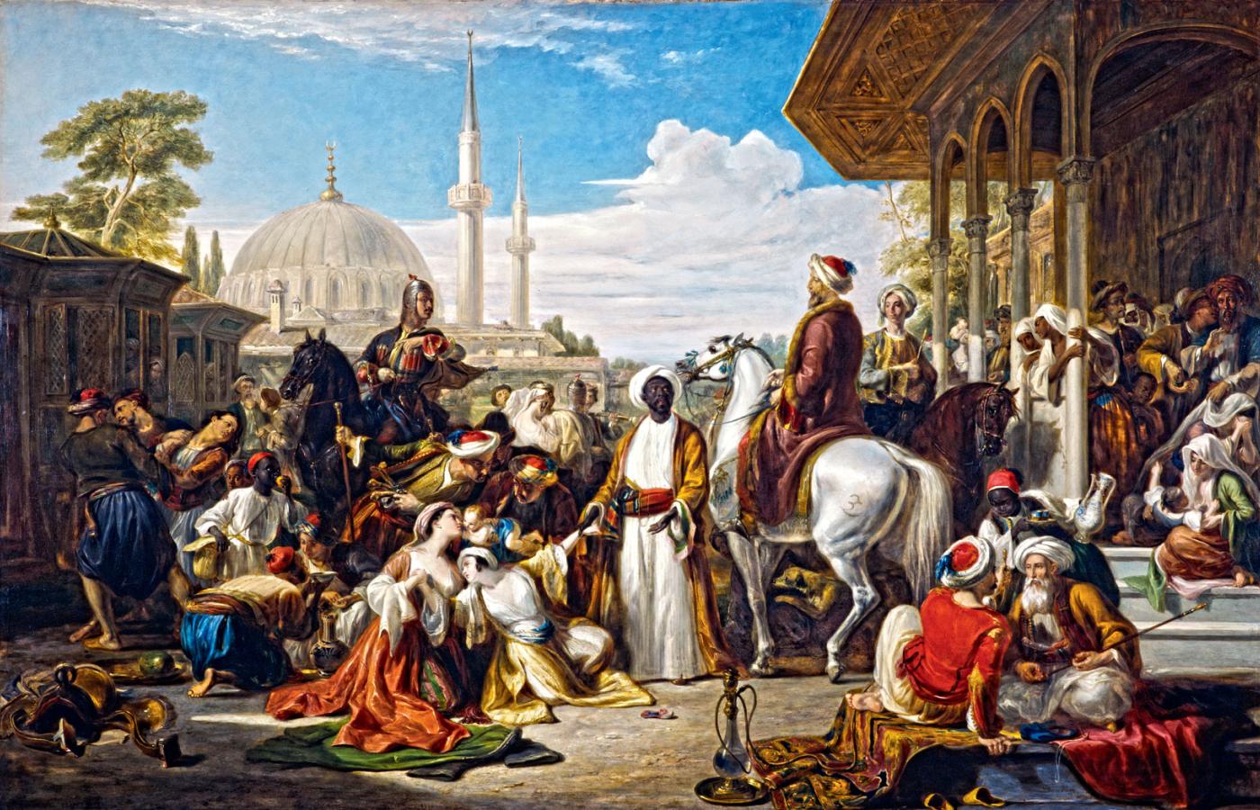 Targ niewolników w Stambule; obraz z XIX w.