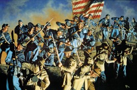 „Stara flaga nigdy nie dotknęła ziemi”, obraz Ricka Reevesa przedstawiający afroamerykańskich żołnierzy w walce pod Fort Wagner, 1863 r.