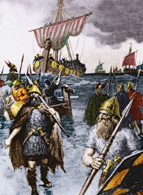Wizja ataku wikingów, koloryzowana praca amerykańskiego ilustratora Thure de Thulstrupa (1848–1930).