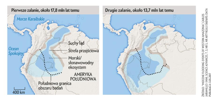 Naukowcy zrekonstruowali zasięg morza, które dwukrotnie zalewało Amazonię. Wykorzystali do tego celu rdzenie wydobyte podczas wierceń we wschodniej Kolumbii i północno-zachodniej Brazylii. Mapy pokazują maksymalny zasięg wody podczas dwóch transgresji. Pierwsza nastąpiła 18,1-17,2 mln lat temu, druga 16,1-12,4 mln lat temu. Na obu mapach rekonstrukcja poniżej południowej granicy obszaru obecnych badań jest oparta na wynikach badań rdzeni z 2010 roku; nie obejmuje ona całego zasięgu czasowego badań obszaru powyżej tej granicy.