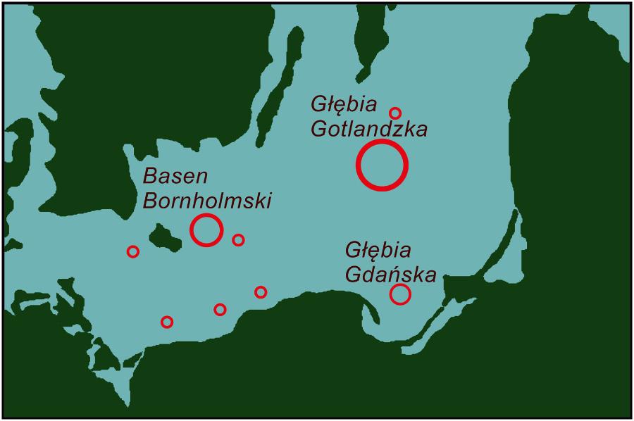 Obszary składowania bojowych środków toksycznych w południowym Bałtyku (wg danych projektu Chemsea). Rozmiar ­okręgów oznacza względną ilość BST w danym miejscu.