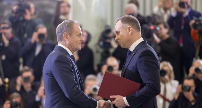 Zaprzysiężenie rządu Donalda Tuska w Pałacu Prezydenckim, w obecności prezydenta Andrzeja Dudy. 13 grudnia 2023 r.
