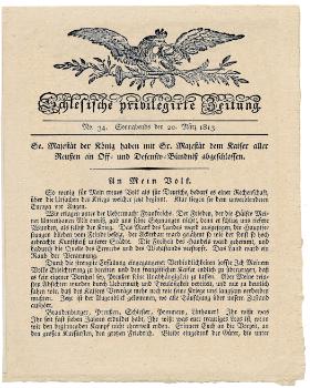 Tekst manifestu („An Mein Volk”) wygłoszonego przez króla Fryderyka Wilhelma III we Wrocławiu w 1813 r.