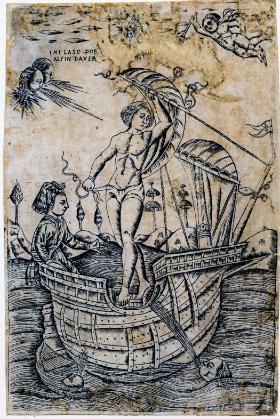 „Na statku Fortuny”, płyną nim Nannina de Medici z mężem Bernardo Rucellai, akwaforta, druga połowa XV w.