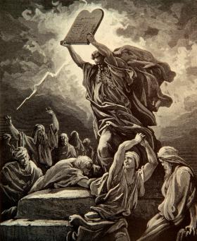 Ilustracja Gustawa Dora „Mojżesz rozbija tablice z przykazaniami”, 1866 r.