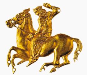 Złota plakietka przedstawiająca scytyjskiego jeźdźca w spodniach (IV w. p.n.e.)