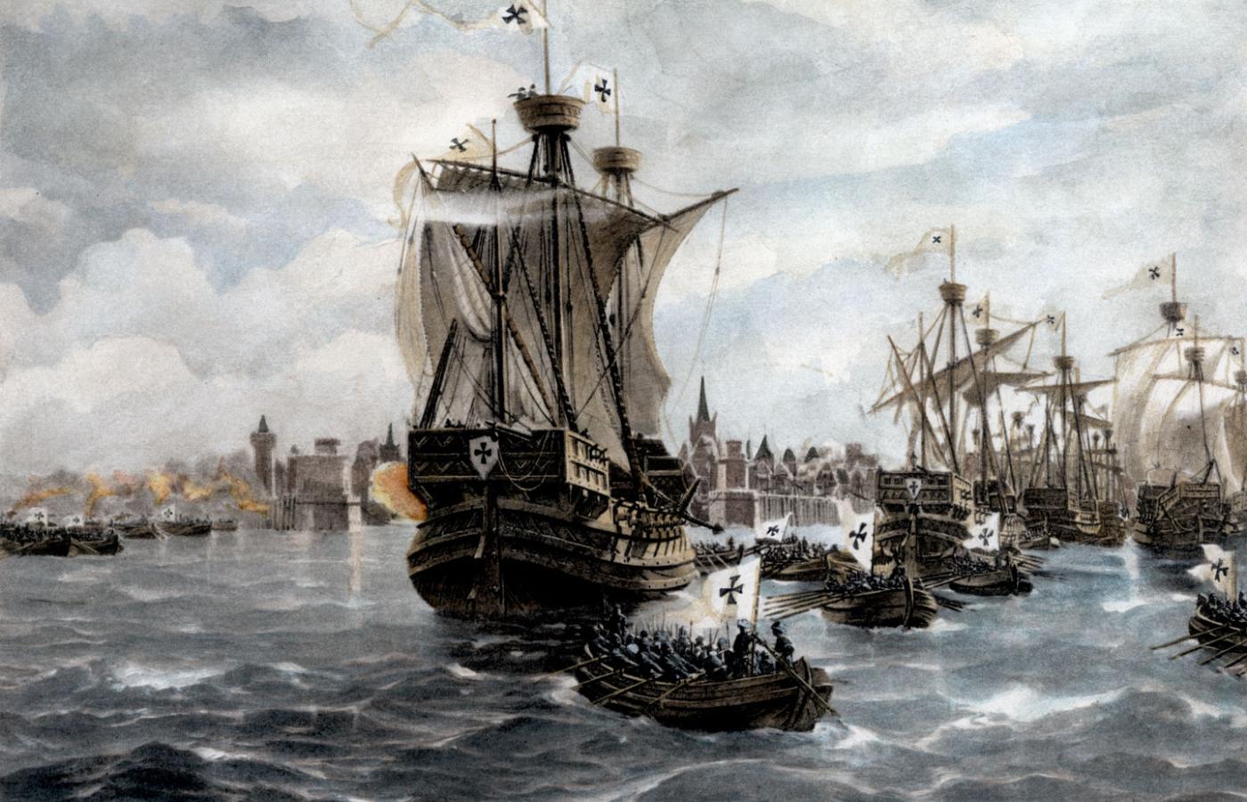 Krzyżackie okręty u wybrzeży Gotlandii; obraz z XIX w.
