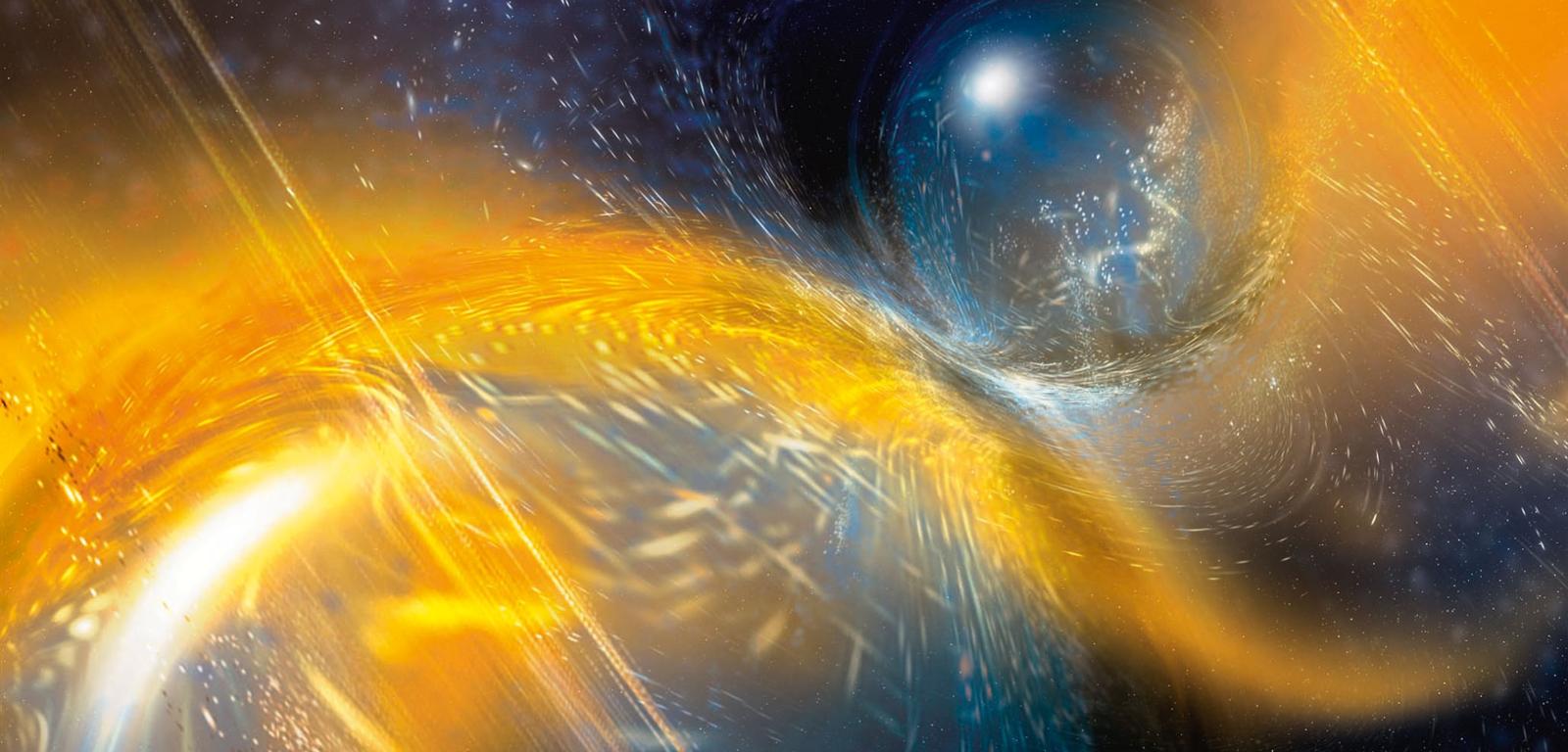 Artystyczna ilustracja kolizji dwóch gwiazd neutronowych. To, czy w wyniku kolizji powstanie kilonowa i dużo pierwiastków ciężkich, zależy od różnicy mas obu obiektów.