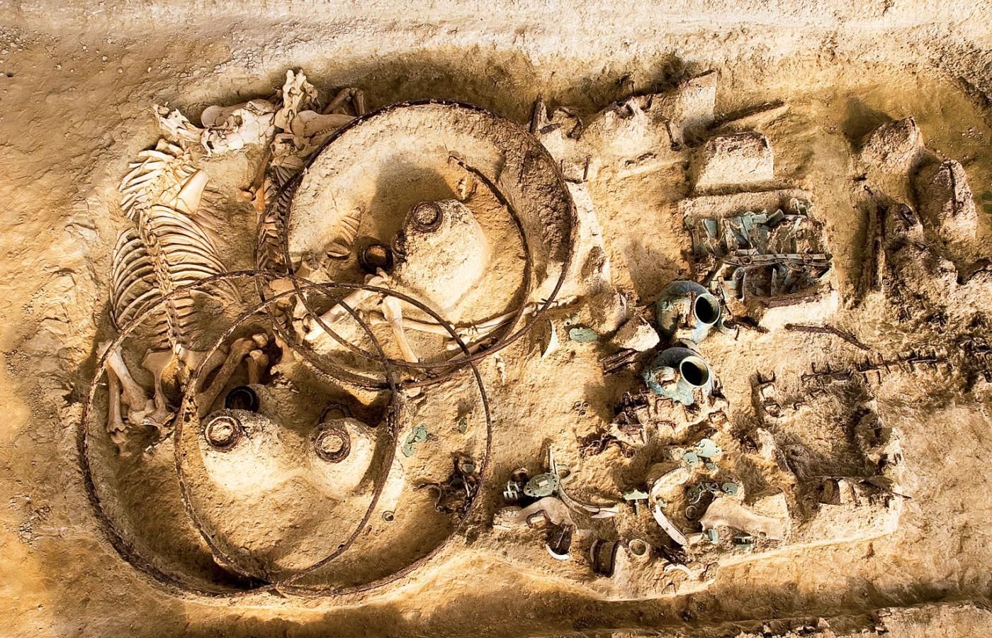 Tracki grób z północno-wschodniej Grecji (II w.) z czterokołowym wozem (zachowały się obręcze) oraz dwoma szkieletami koni.
