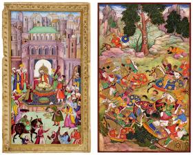 Od lewej: Sułtan Ibrahim Lodi, ilustracja z manuskryptu perskiego z XVI w. Bitwa pod Panipatem, gdzie Lodi poniósł klęskę, ilustracja do pamiętników zwycięskiego Babura, koniec XVI w.