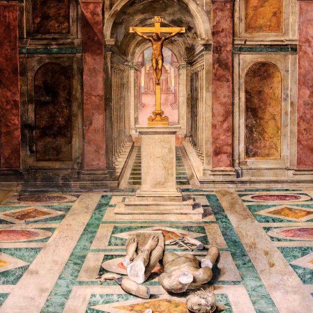 „Triumf religii chrześcijańskiej (nad pogaństwem)” – malowidło Tommasa Lauretiego (1530–1620), Sala di Costantino w Watykanie.