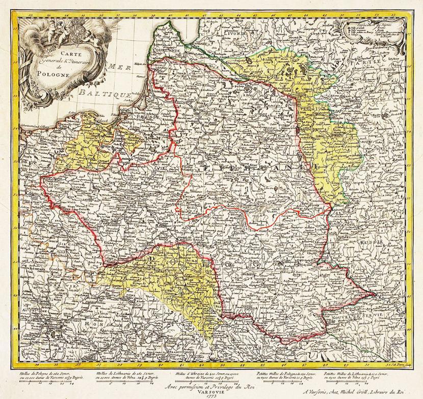 Mapa z 1773 r., sporządzona na zamówienie króla Stanisława Augusta Poniatowskiego, z zaznaczonymi ziemiami zabranymi Rzeczpospolitej w 1772 r.