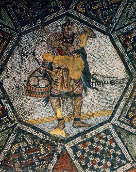Młody owczarz z kobiałką serów; fragment mozaiki z Wielkiego Pałacu w Konstantynopolu, V w.