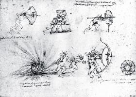 Militarne szkice Leonarda: Osłony dla żołnierzy i wybuchający pocisk, tusz na papierze, ok. 1480 r., rysunek przechowywany w Państwowej Wyższej Szkole Sztuk Pięknych w Paryżu.