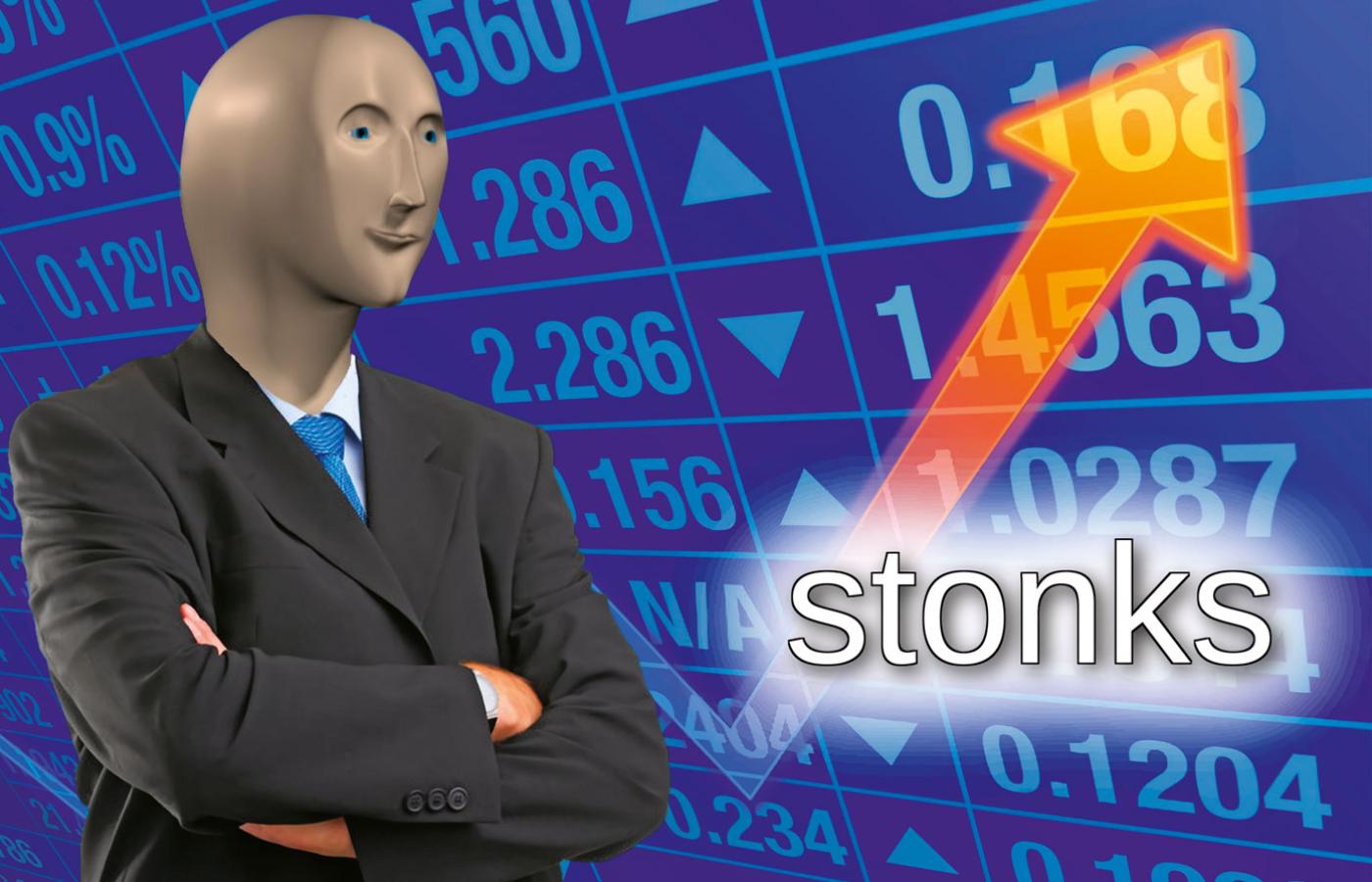 Meme Man, symbol memowych inwestorów, a stonks to w ich języku połączenie stocks, akcji, i stonk, ostrzału artyleryjskiego.