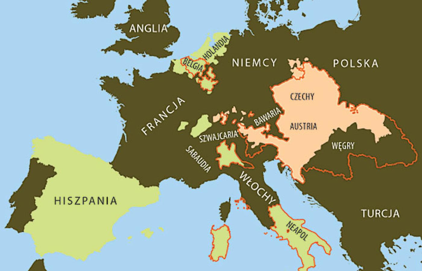 Imperium Karola V i jego podział na część hiszpańską (kolor zielony) i austriacką