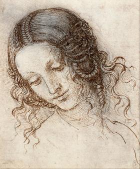 Leonardo da Vinci „Głowa Ledy”, ok. 1504–06, piórko i czarna kreda, 17,7 × 14,7 cm, Royal Library, Windsor Castle.