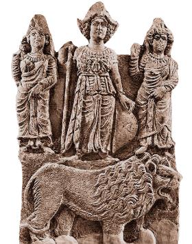 Przedislamskie bóstwa arabskie: al-Lat, al-Uzza (Gwiazda Poranna) i Manat; kamienny relief z Hatry (Mezopotamia, ob. Irak), I w.