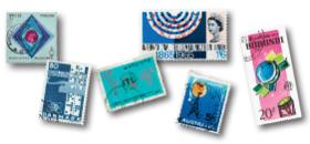 Znaczki z różnych stron świata i różnych lat obrazujące formy i stadia rozwoju technologii łączności.