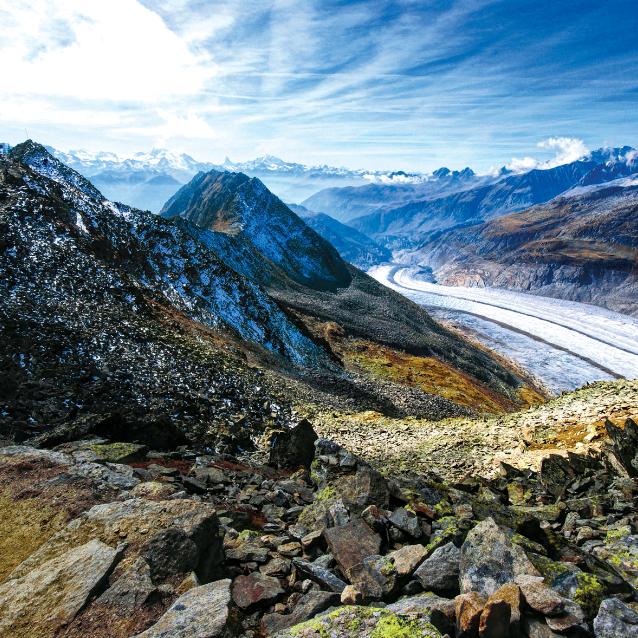 Aletsch - największy lodowiec Alp, który w ciągu 150 lat skrócił się o ponad 3 km.