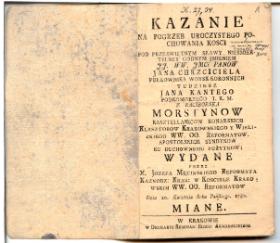 Kazanie ks. Józefa Męcińskiego na pogrzebie Jana Kantego i Jana Chrzciciela Morsztynów, 1780 r.