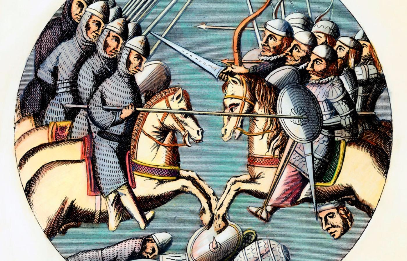 Starcie krzyżowców z muzułmanami pod Askalonem w 1099 r. Ilustracja niedatowana.