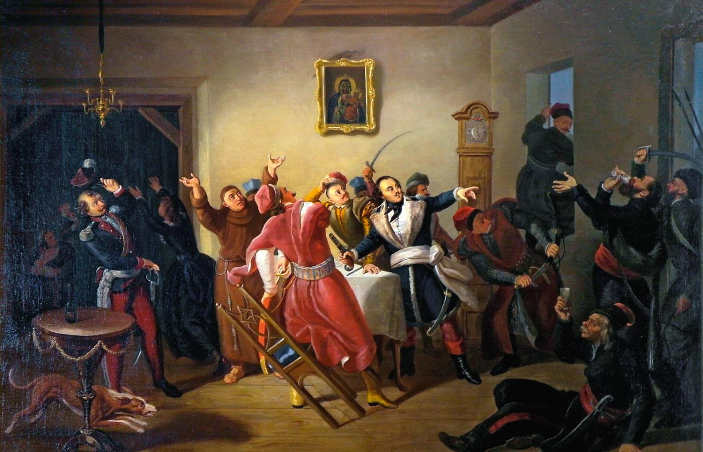 Kazimierz Pułaski podczas konfederackiej potyczki w Barze; obraz Kornela Szlegla z poł. XIX w.