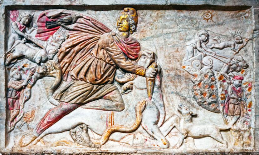 Tauroktonia, czyli Mitra zabijający byka. Płaskorzeźba z mitreum odkrytego pod bazyliką św. Szczepana w Rzymie.