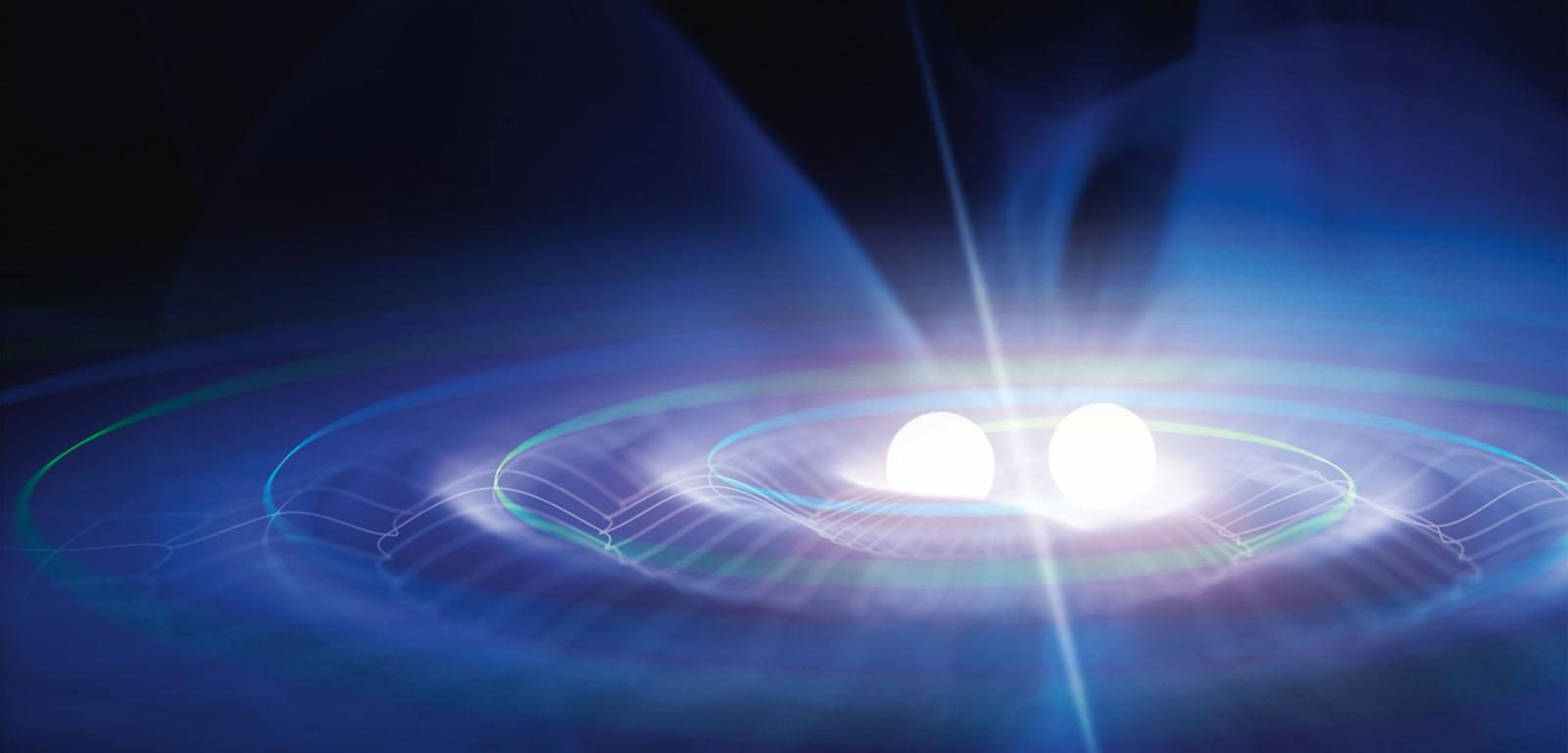 Układ podwójny pulsarów. Krążąc wokół wspólnego środka ciężkości, dwie gwiazdy neutronowe emitują fale grawitacyjne. Fale te zwiększają amplitudę, czyli moc promieniowania, gdy dochodzi do kolizji obiektów.