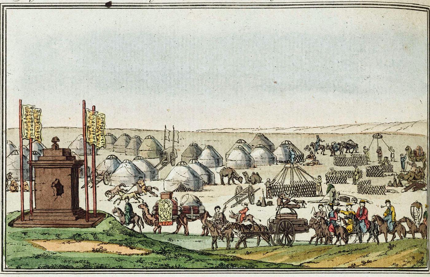 Obóz Kałmuków; ilustracja z 1793 r. z popularnej niemieckiej encyklopedii Friedricha Bertucha.