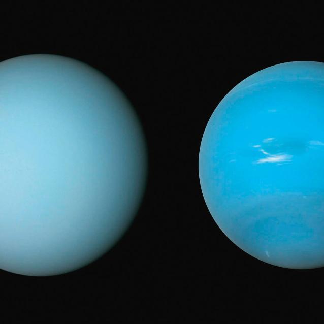 Uran (po lewej) jest wyraźnie jaśniejszy od Neptuna – prawdopodobnie przyczyną jest jego znacznie spokojniejsza atmosfera niż u kuzyna.