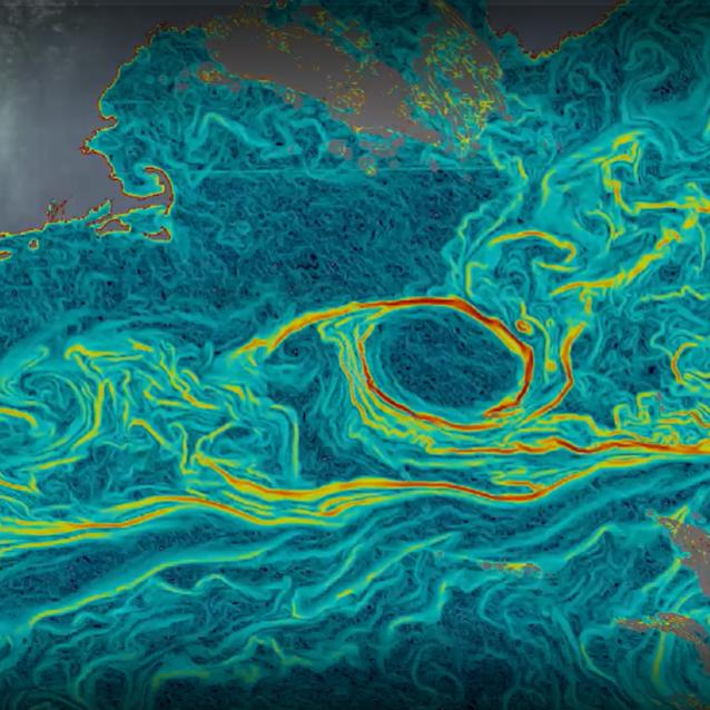 Mieszanie się wód o różnej temperaturze wewnątrz Golfsztromu – obraz stworzony na podstawie danych pomiarowych dostarczonych przez satelity pogodowe i przeanalizowanych przez AI.