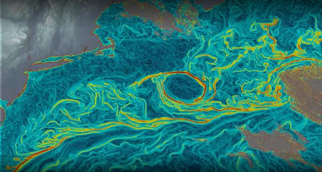 Mieszanie się wód o różnej temperaturze wewnątrz Golfsztromu – obraz stworzony na podstawie danych pomiarowych dostarczonych przez satelity pogodowe i przeanalizowanych przez AI.