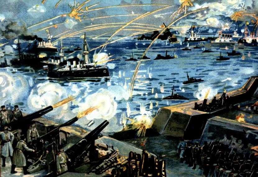 Rosyjska ilustracja przedstawiająca bitwę o Port Arthur