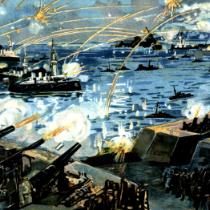 Rosyjska ilustracja przedstawiająca bitwę o Port Arthur