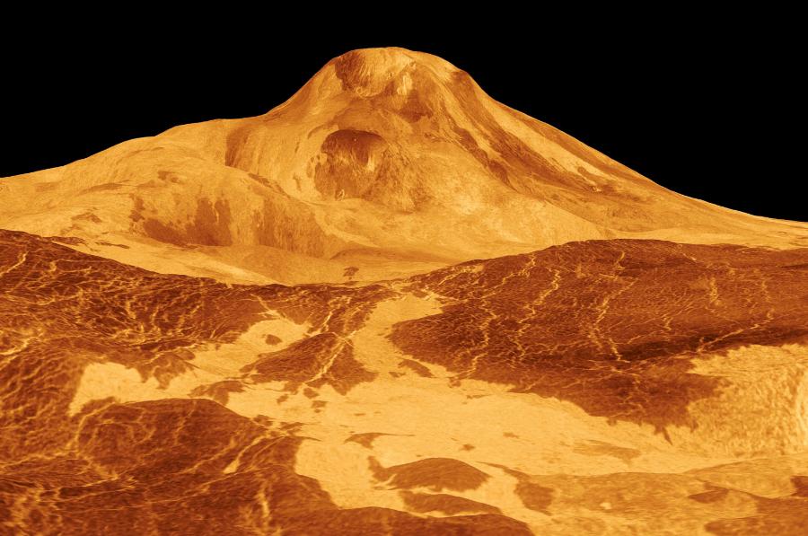 Wulkan Maat Mons na Wenus; na pierwszym planie potoki zastygłej lawy. Obraz terenu sporządzony na podstawie pomiarów radarowych wykonanych przez sondę Magellan.
