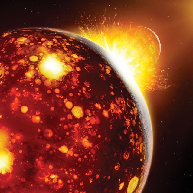 Artystyczna wizja zderzenia planety Theia z młodą Ziemią, w którego wyniku powstał Księżyc.