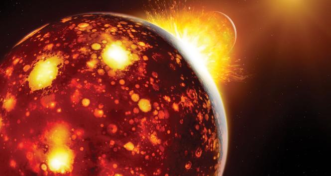 Artystyczna wizja zderzenia planety Theia z młodą Ziemią, w którego wyniku powstał Księżyc.