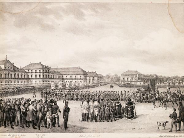 Uroczystości żałobne w Warszawie, rycina Louisa Courtina