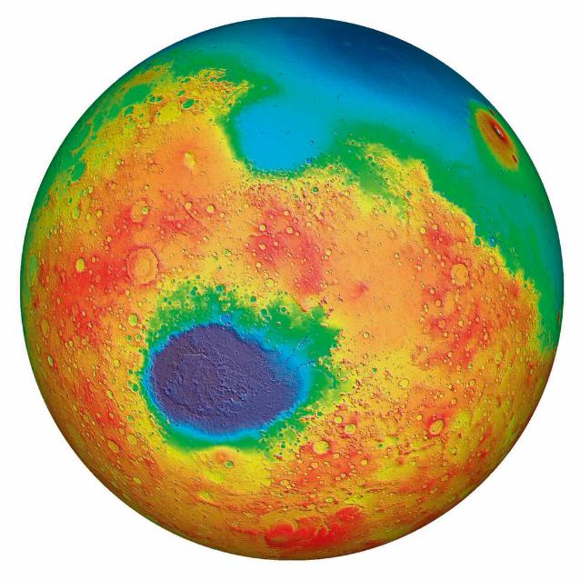 Niziny na północy (niebieski), wyżyny na południu (czerwony, tu też krater impaktowy). Mapa wg obserwacji Mars Global Surveyor.