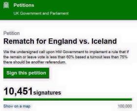 Rewanż meczu Anglia : Islandia.My niżej podpisani zwracamy się z prośbą do rządu o wprowadzenie zasady, że jeżeli liczba osób opowiadających się za wyjściem lub pozostaniem we wspólnocie jest mniejsza niż 60 proc., przy frekwencji mniejszej niż 75 proc., powinno to skutkować powtórzeniem referendum.