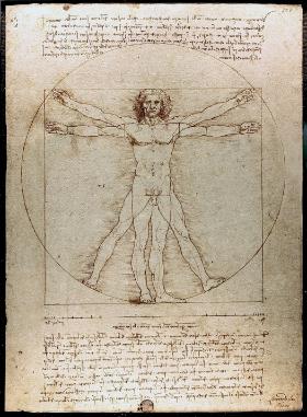 Leonardo da Vinci „Proporcje ludzkiego ciała według Witruwiusza”, tzw. Człowiek witruwiański, ok. 1490 r., pióro, tusz, delikatne lawowanie, 34,4 × 24,5 cm, Gallerie dell’Accademia, Wenecja.