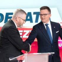Grzegorz Braun i Szymon Hołownia, 14 kwietnia 2025 r.