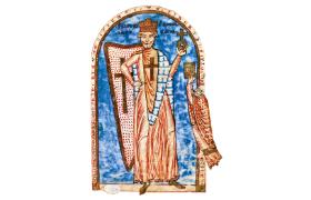 Cesarz Fryderyk I jako krzyżowiec, miniatura z kroniki pierwszej krucjaty spisanej przez Roberta Mnicha w latach 1107–20.