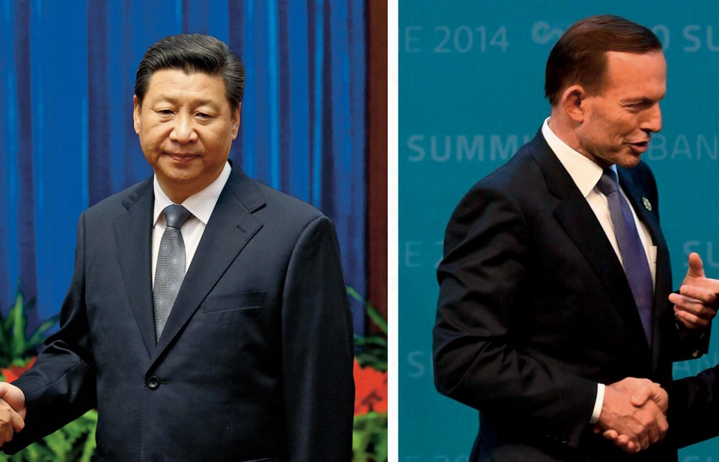 Z lewej: premier Japonii Shinzō Abe witany przez przewodniczącego Xi Jinpinga oraz premier Australii Tony Abbott i Władimir Putin.