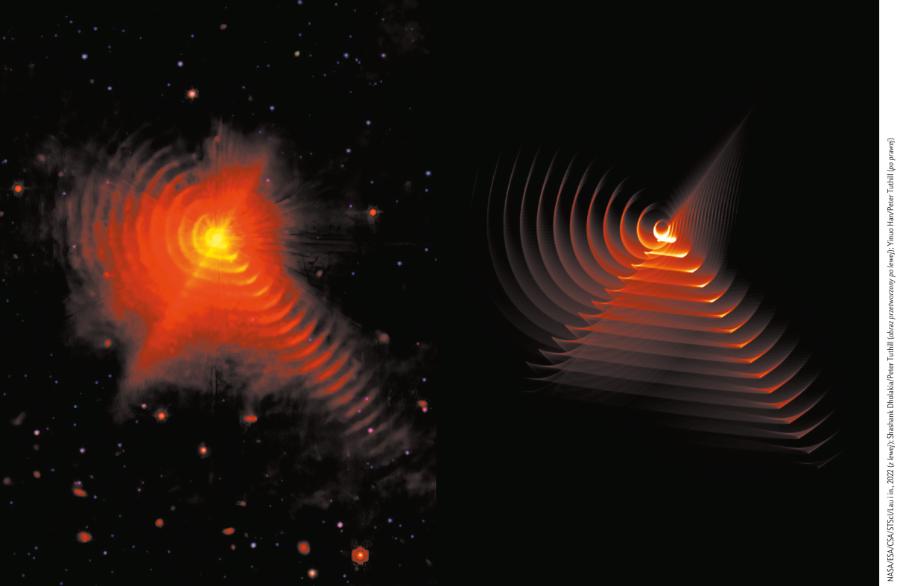 Na podczerwonym obrazie z Teleskopu Jamesa Webba (z lewej) widać osobliwą drabinę otaczającą układ gwiazd WR 140. Zdjęcie bardzo przypomina symulację numeryczną (z prawej) przedstawiającą 15 kolejnych powłok pyłowych wydmuchiwanych w odstępach czasu zbieżnych z ośmioletnim okresem orbitalnym układu podwójnego.