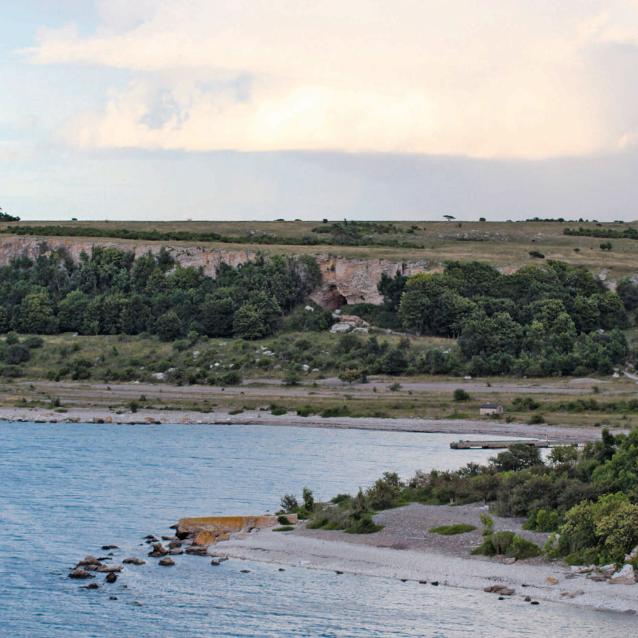 Widok od strony morza na wysoki klifowy brzeg wyspy Stora Karlsö, w którym znajduje się jaskinia Stora Förvar.