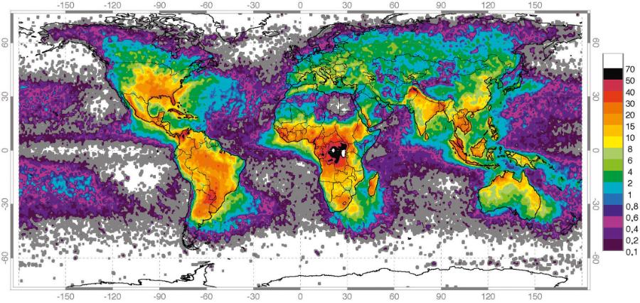 Częstotliwość wyładowań ­atmosferycznych na Ziemi na ­podstawie danych sateli­tarnych NASA zebranych w latach 1995–2003 [liczba wyładowań/km2/rok].