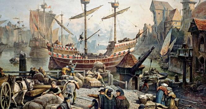 Port w Gdańsku w 1500 r. na litografii niemieckiej z XIX w.