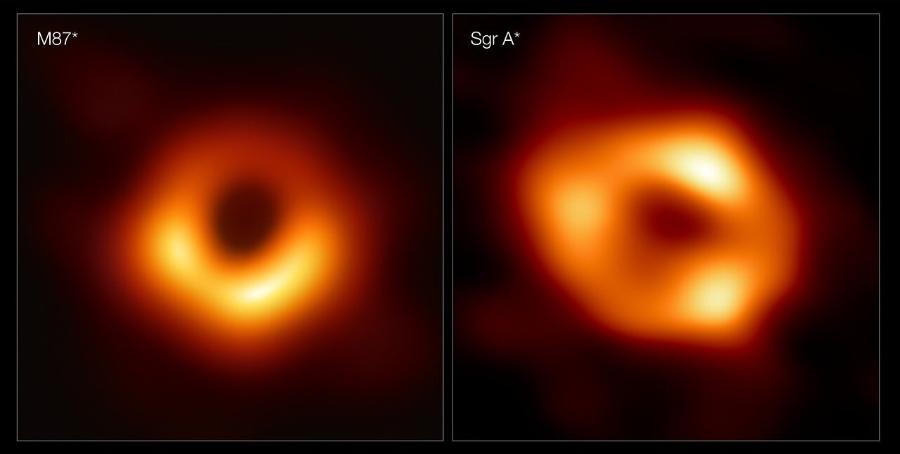 Pierwsze zdjęcia gazu wokół czarnej dziury: po lewej w galaktyce M87, po prawej w naszej galaktyce.